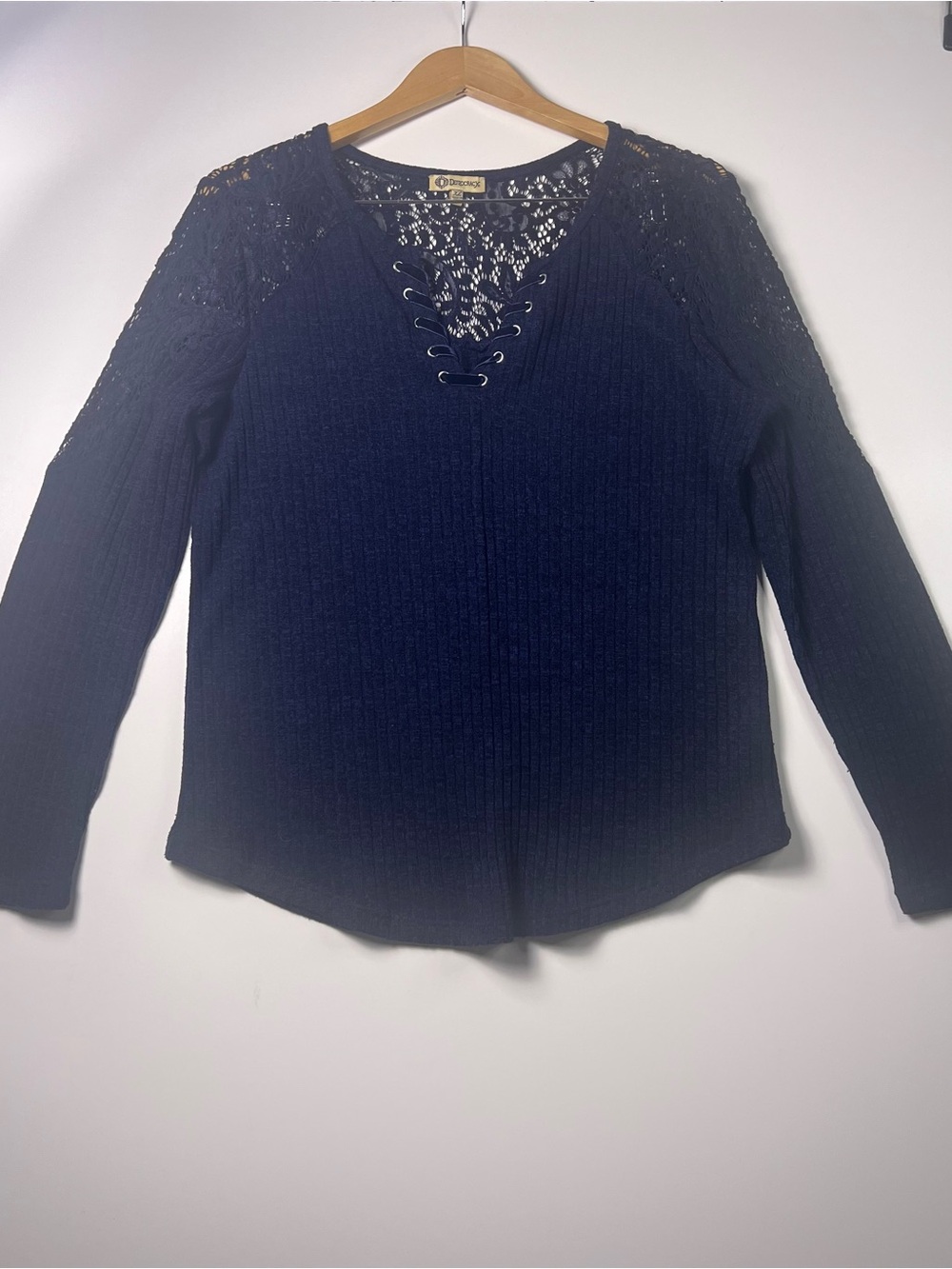 Democracy Blue Rib-Knit Lace-Up V-Neck Pullover Sweater Womens XL Long Sleeve